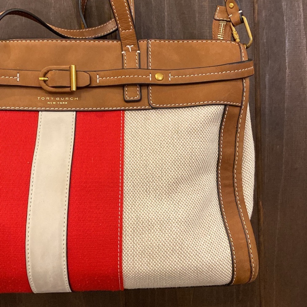 Tory Burch Canvas & Suede Center Stripe Satchel in Natural New Ivory Nut - Picture 4 of 16